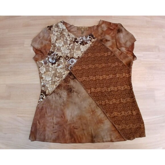 Notations Tops - Notations Women's Patchwork Top Textured Floral Short Sleeve Boho Asymmetrical